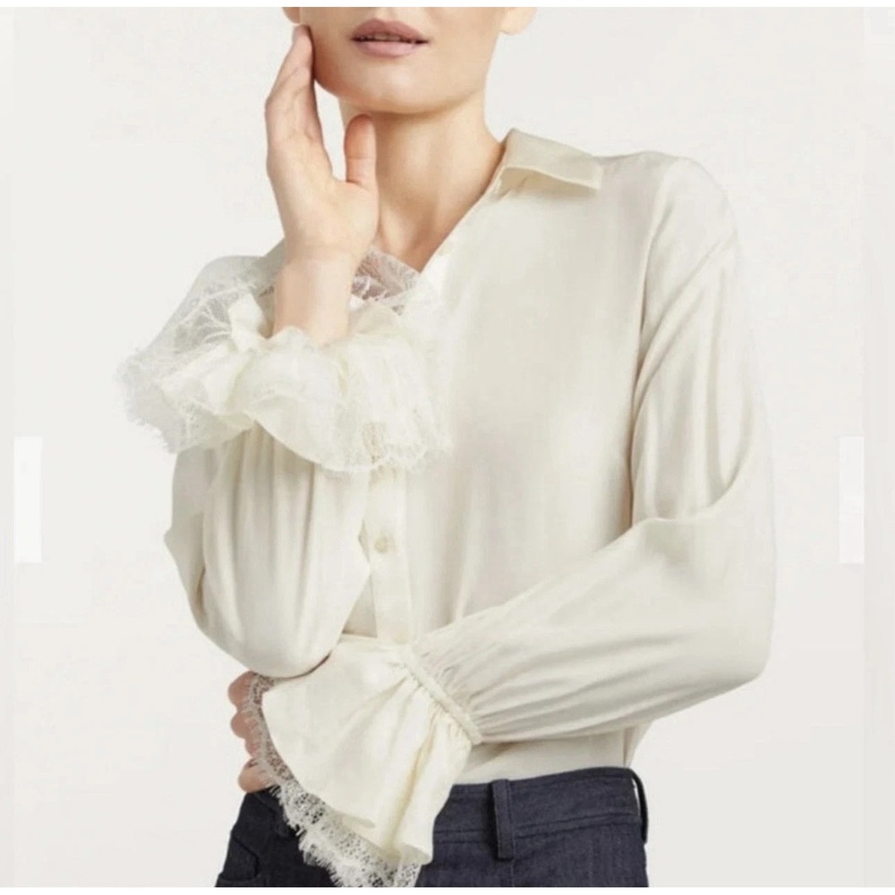 CINQ À SEPT Ivory Silk Roxie Top Button Up Romantic Lace Victorian Polished L